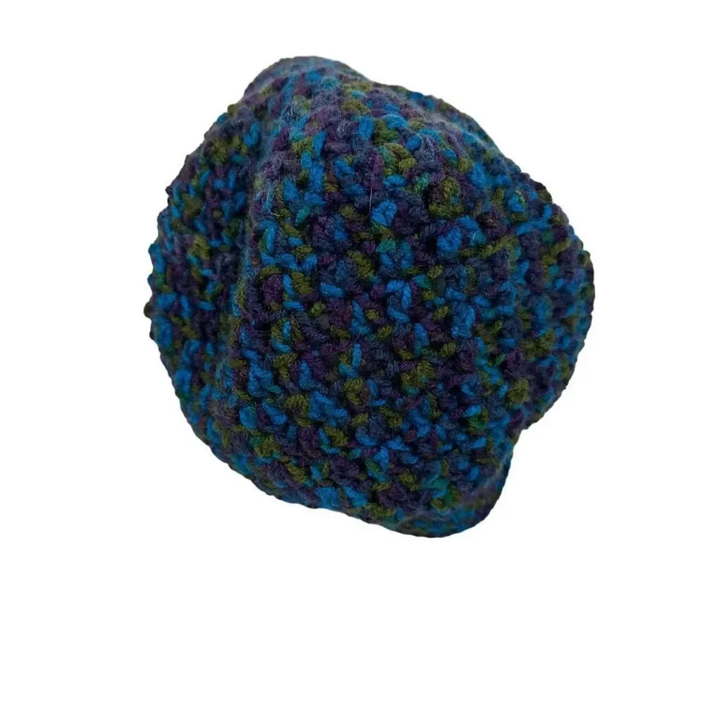 Homemade Knit Beanie Hat Purple Blue Green